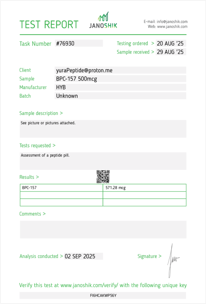 BPC-157 500mcg Certificate of Analysis — HPLC purity