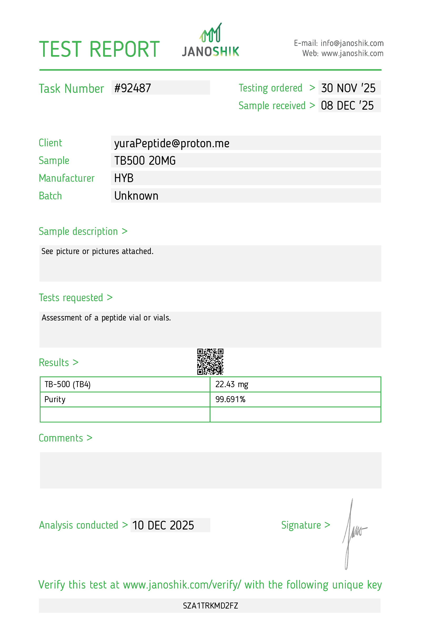 BPC-157 + TB-500 20mg Blend Certificate of Analysis — HPLC purity