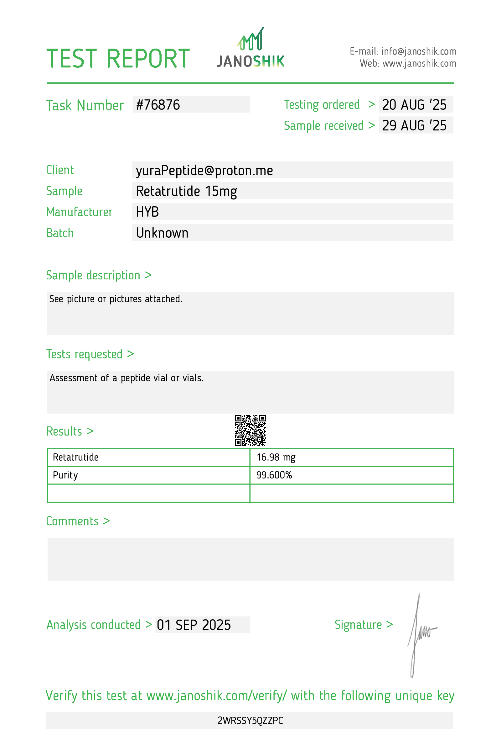 Retatrutide 15mg Certificate of Analysis — HPLC purity