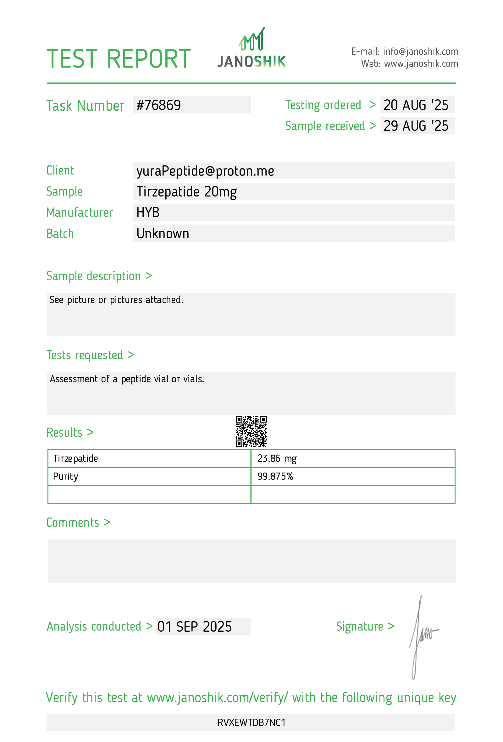 Tirzepatide 20mg Certificate of Analysis — HPLC purity